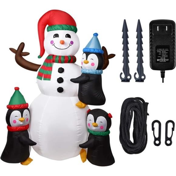 6 Ft Inflatble Snowman and Penguins with Colorful Rotating Built-in LED Lights
